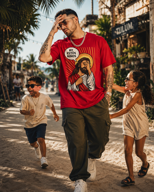 "AY, ESTOS Niños" Jesus Christ T-shirt | Latino Survival Father's Day Gift | Heavyweight Cotton